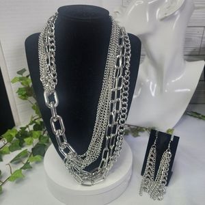 Unique Silver Multi Chain Necklace Earrings Set  New